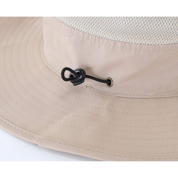 Unisex Light Khaki 100% Polyester Wide Brim Boonie Mesh Chin Strap Bucket Hat - Picture 5 of 6